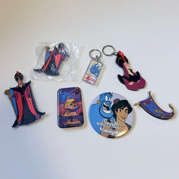 Vintage Disney Aladdin Cast Member Movie Release Bundle- Pins Keychains Magnets - Picture 1 of 12